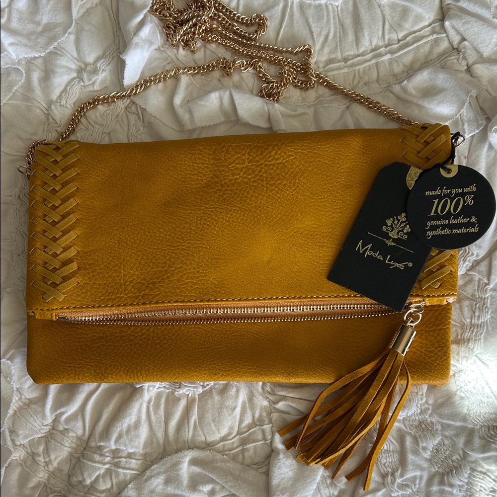 Moda Luxe mustard Leather Clutch with Tassel